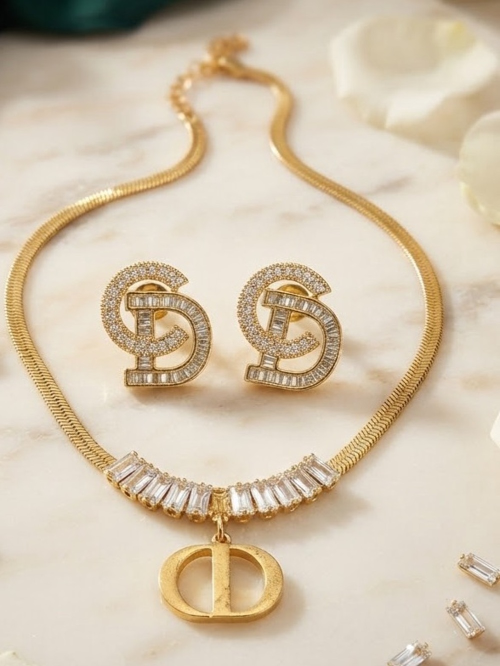 Gold-Tone Pendant Necklace with Sparkling Crystal Accent Stud Earrings